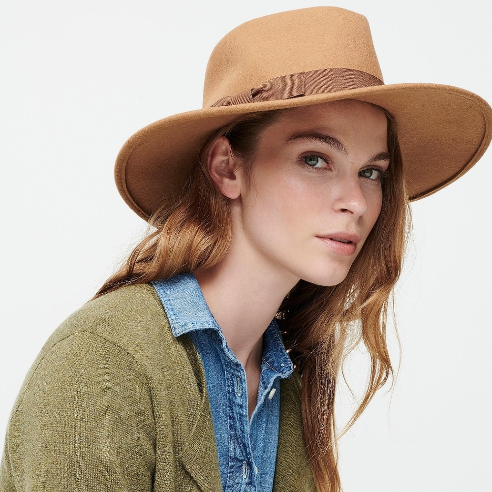 S/M J. Crew Italian Wool Western Ranch Hat in Honey Brown with Grosgrain Trim.